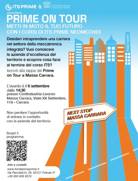 Prime On Tour Locandina evento sulla sinistra le informazioni come nel comunicato sulla destra immagine grafica con profili fabbriche