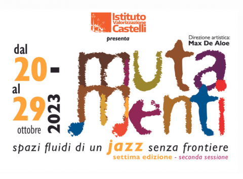 Locandina festival con le date e al centro la scritta su due righe Muta Menti (diversi colori sfumanti. Le gambe della seconda m finiscono con note musicali