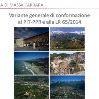 Immagine grafica. In alto le scritte Provincia di Massa-Carrara e PTC. Il titolo: Varinte generale di conformazione al PIT/PPR e alla legge regionale 65/2014. Al centro su due colonne da tre si tovano sei foto di panorami del territorio provinciale