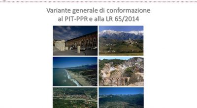 Immagine grafica. In alto le scritte Provincia di Massa-Carrara e PTC. Il titolo: Varinte generale di conformazione al PIT/PPR e alla legge regionale 65/2014. Al centro su due colonne da tre si tovano sei foto di panorami del territorio provinciale