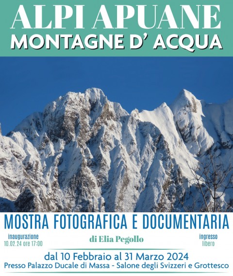Locandina della mostra. Immagine grafica realizzata on in alto foto delle Apuane innevate. Sopra il titolo della mostra 