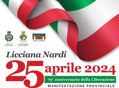 Porzione del manifesto con grafica: in alto a destra nastro fluttuante tricolore, sotto i loghi del comune di Liciiana Nardi, della Provincia e dell'Anpi, sotto le scritte con le info sulla manifestazione come nel comunicato