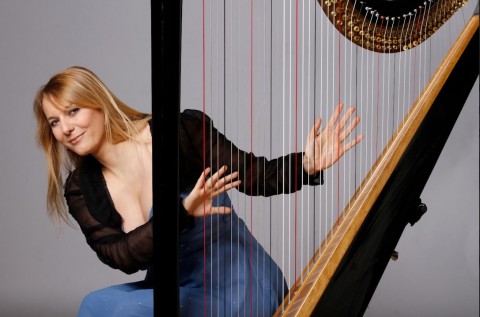 Foto con in primo piano l'arpa e in secondo piano in posizione parallela rispetto all'arpa la musicista che guarda vero l'obiettivo pizzicando le corde