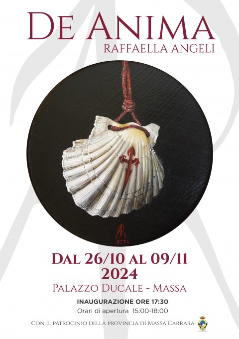 Locandina della mostra: al centro in un tondo un'opera in esposizione e le info