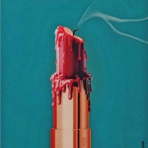 Il manifesto su campo azzurro ha in primo piano un rossetto trasformato in una candela rossa con la fiamma spenta