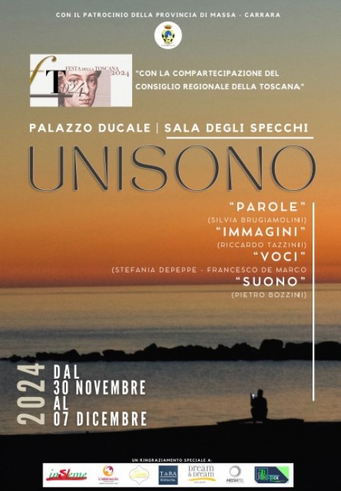 Locandina realizzata con una foto di un tramonto sul mare e in sovraimpressione in alto il tirolo della mostr e le info come inserite nel comunicato