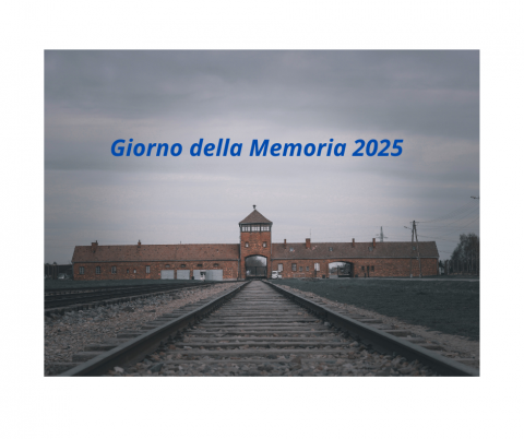 Immagine realizzata con foto ingresso campo concentramento (in primo piano il binario) e la scritta in alto 