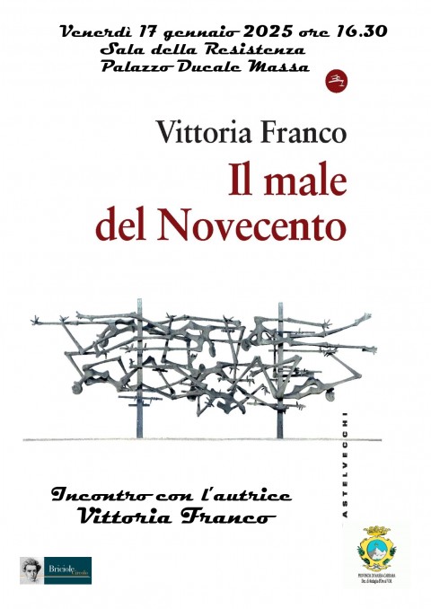 Locandina dell'evento realizzata con l'immagine della copertina del libro (che ha in primo piano un groviglio di filo spinato e in alto il nome dell'autrice e il titolo). Nella locandina sono poi inserite le info su luogo e ora presentazione come da comunicato