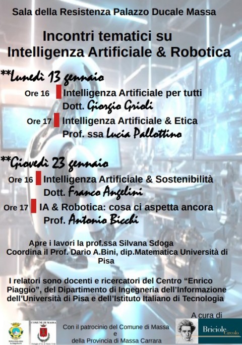 Locandina iniziativa, in scondo piano immagin con robot, in primo piano il programma scritto come riportato nel testo