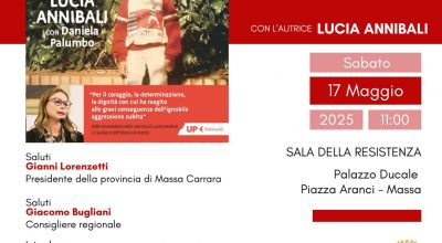 Locandina evento. Immagine grafica cin i alto a sinistra la copertina del libro (foto di una bambina con riquadro foto autrice. Il resto grafica con le info contenute nel comunicato