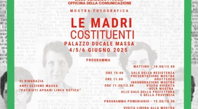 Locandina mostra: immagine grafica realizzata con sullo sfondo pagia di giornale d'epoca con foto e notizie madri costituenti, in primo piano campo bianco, caratteri rossi in riquadro verde le info sulla mostra come riportate nel comunicato