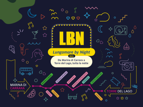 Locandina relizzata con imagine grafica spndo nero e vari colori che riproducono percorso linea