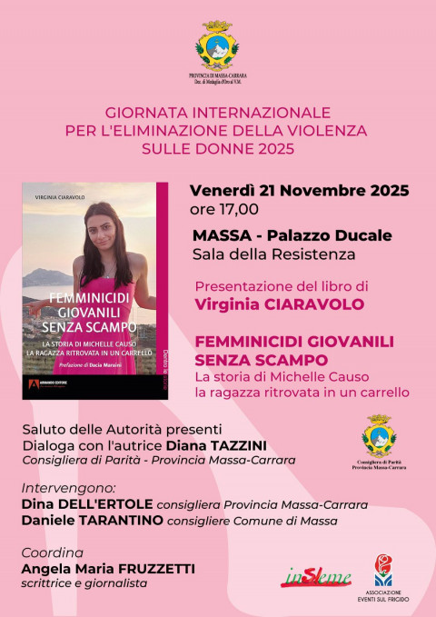 Immagine grafica con la copertina dl libro che ritrae la ragazza uccisa e riporta le info sull'iniziativa