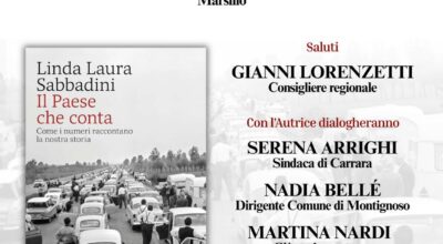 Locandina evento, immagine grafica realizzata con la copertina del libro (autrice e titolo più una foto d'epoca con colonna di auto ferme in autosrtrada, sulla destra elenco interventi