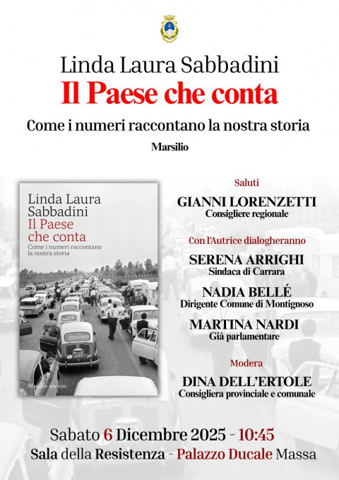 Locandina evento, immagine grafica realizzata con la copertina del libro (autrice e titolo più una foto d'epoca con colonna di auto ferme in autosrtrada, sulla destra elenco interventi