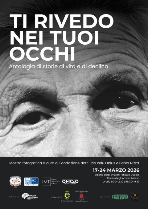Locandina mostra in bianco e nero, in primo piano una delle foto della mostra con scatto fotografico su occhi, in alto e in basso titolo e info come da comunicato